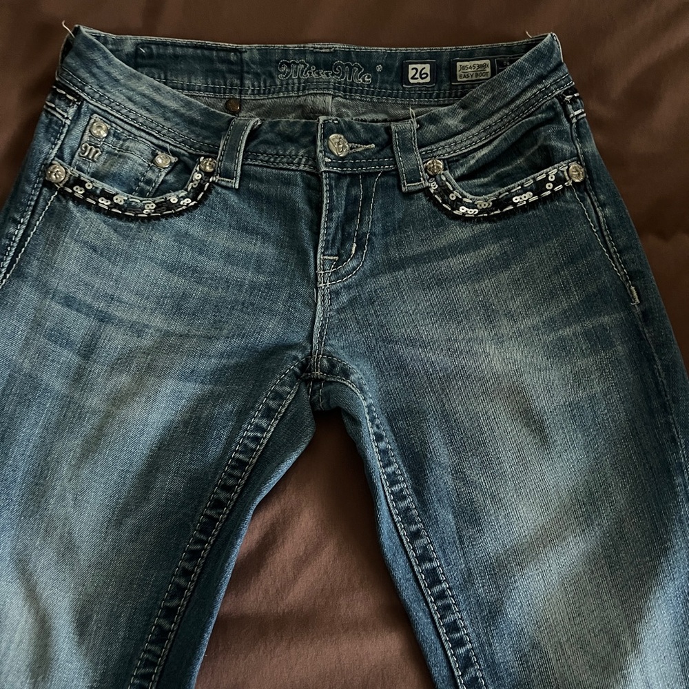 Miss Me Boot Cut Jeans with Sequin Pocket Detail - Blue Wash
